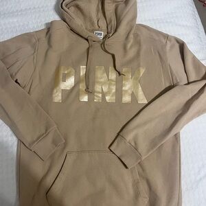 PINK Victoria's Secret Tan Hooded Sweater with Graphic Design